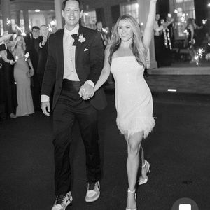 Rebecca Vallance white sequence feather dress